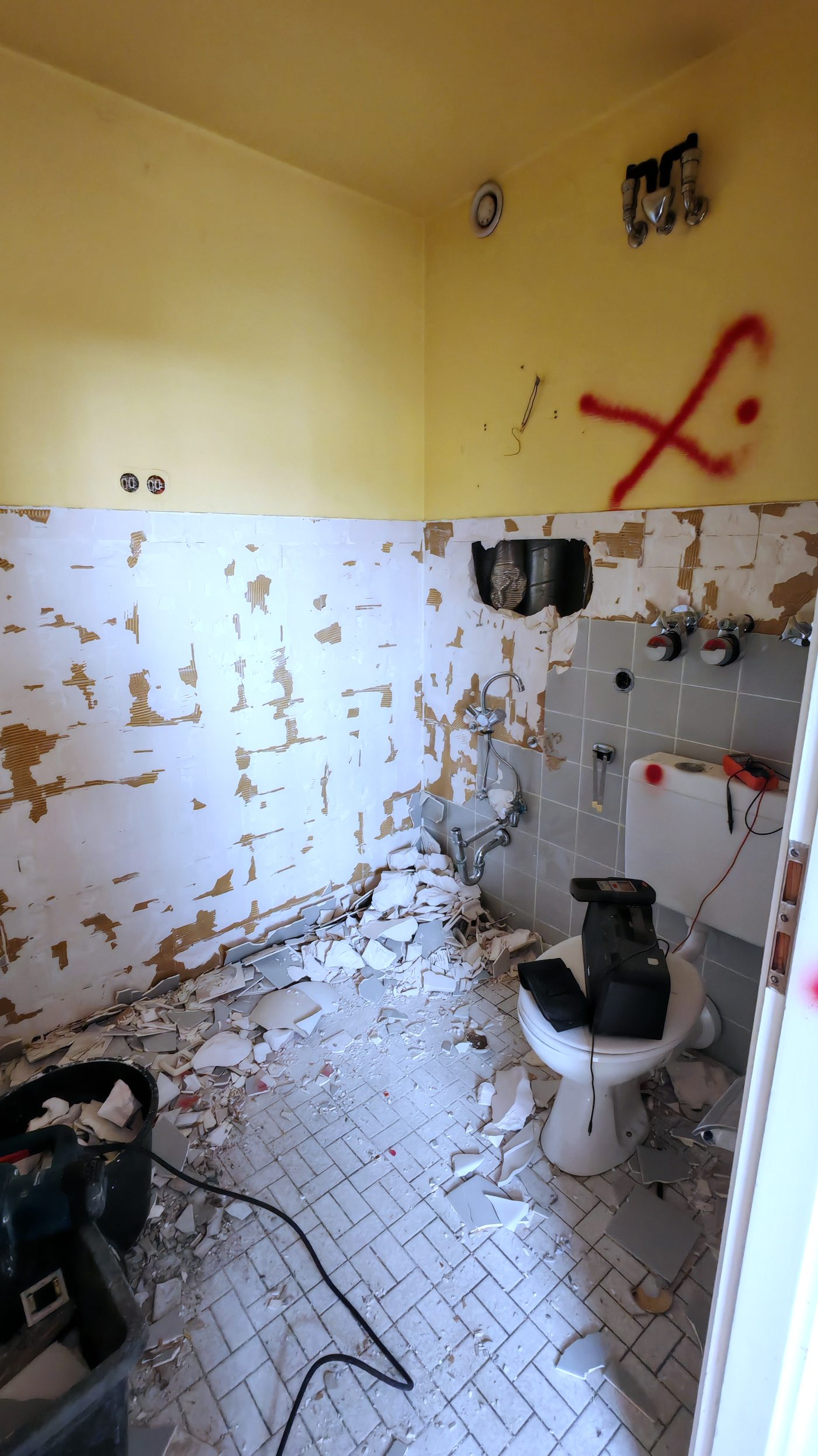 Wand in einem Bad im Rückbau, rote Markierungen zeigen an, was herauskommt