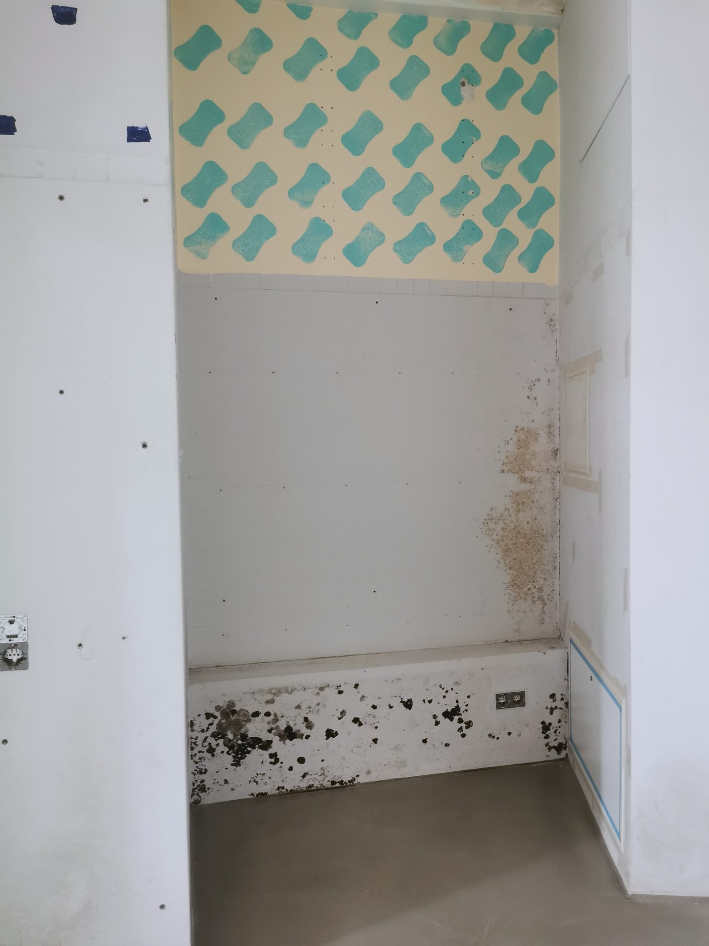 Kellerwand mit starkem Schimmelbefall, unten schwarz, darüber ockerfarben