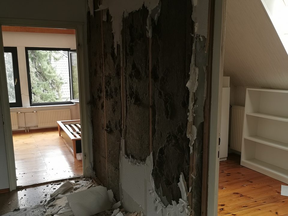Freigelegte Wand mit dunkler Dämmung zwischen dem Holzständerwerk